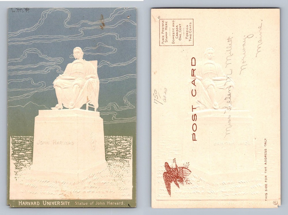 Cambridge, MA-Massachusetts, John Harvard Statue Scene Card Vintage Postcard