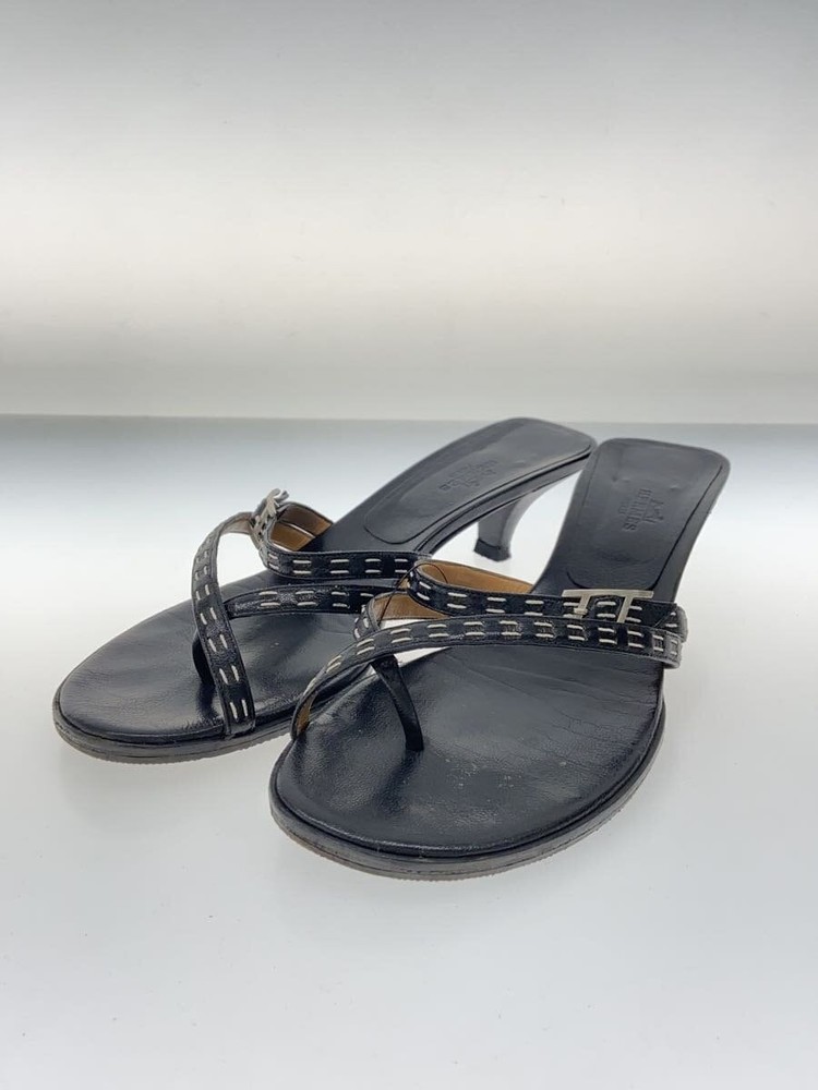 Authentic HERMES Black Leather Heel Sandals EU 38 Preowned Fast Shipping