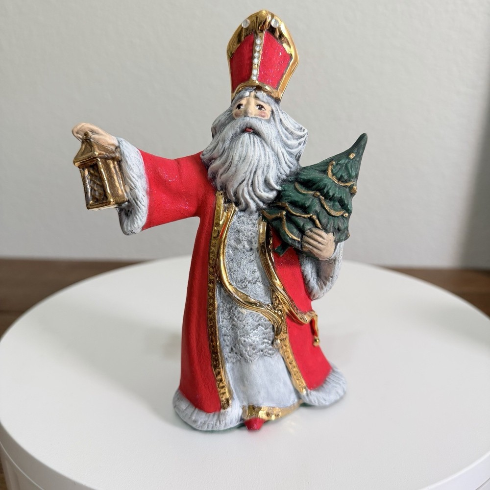 Vintage Ceramic Saint Nicholas Holding Lantern and Tree