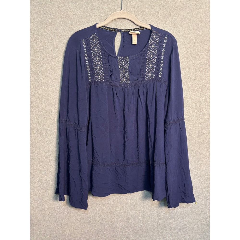 Knox Rose Navy Blue Embroidered Boho Peasant Blouse Bell Sleeve XL