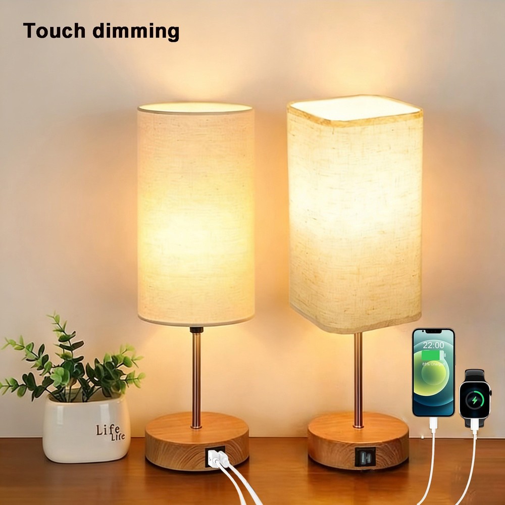 Bedside Lamp Bedroom Dimmable Touch Control Table Lamp w/ USB C+A Charging Ports