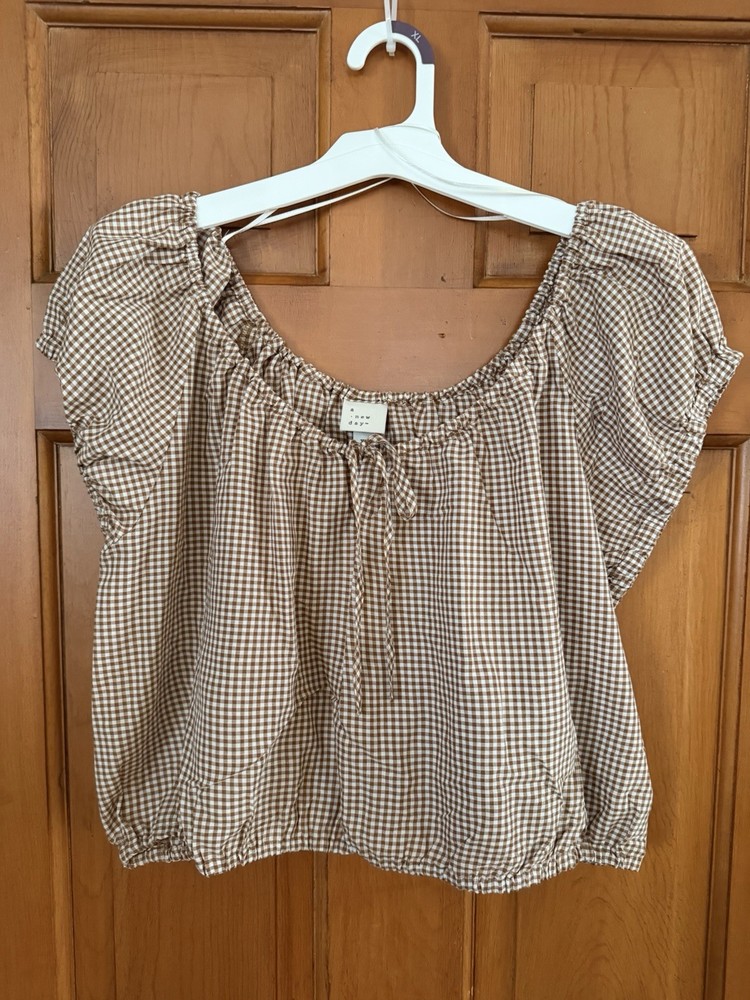 Women's A New Day Brown & White Gingham Blouse Puff Sleeves Size Extra Large NWT