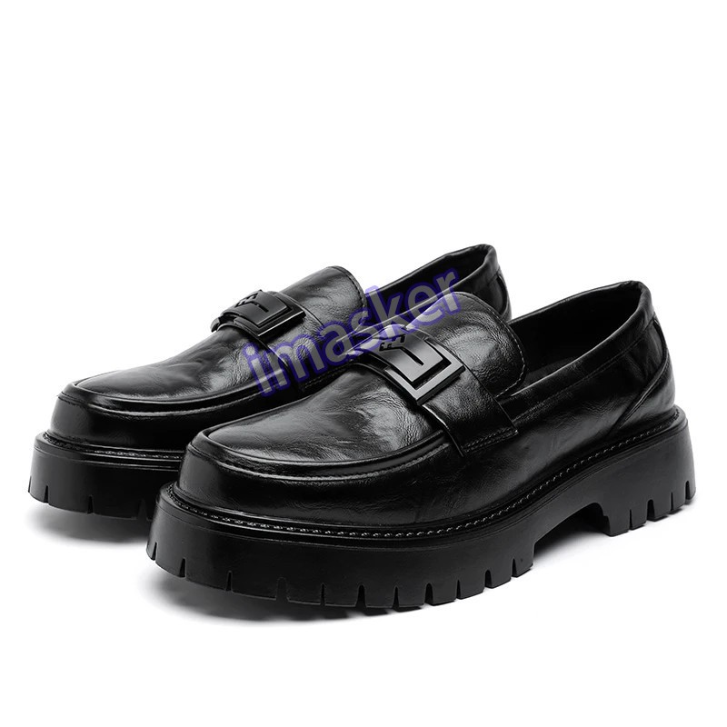 Men's Chunky Loafers Slip-On Platform Leather Casual Shoes with Buckle Decor