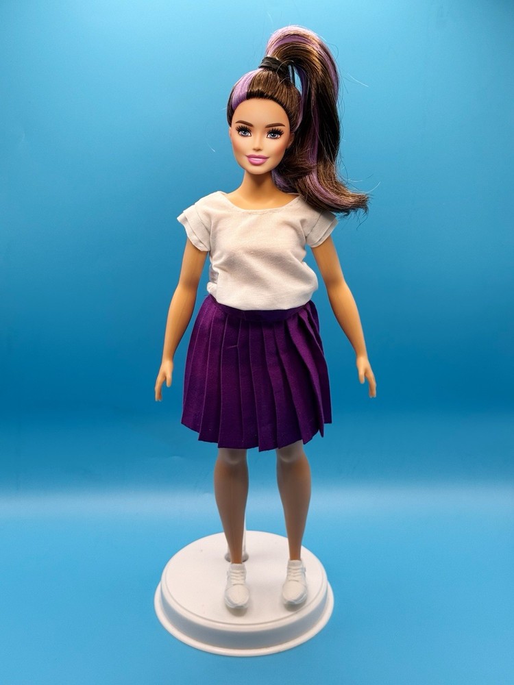 Hand-sewn White Top And Purple Pleated Short Skirt For Barbie Doll (Curvy Doll)