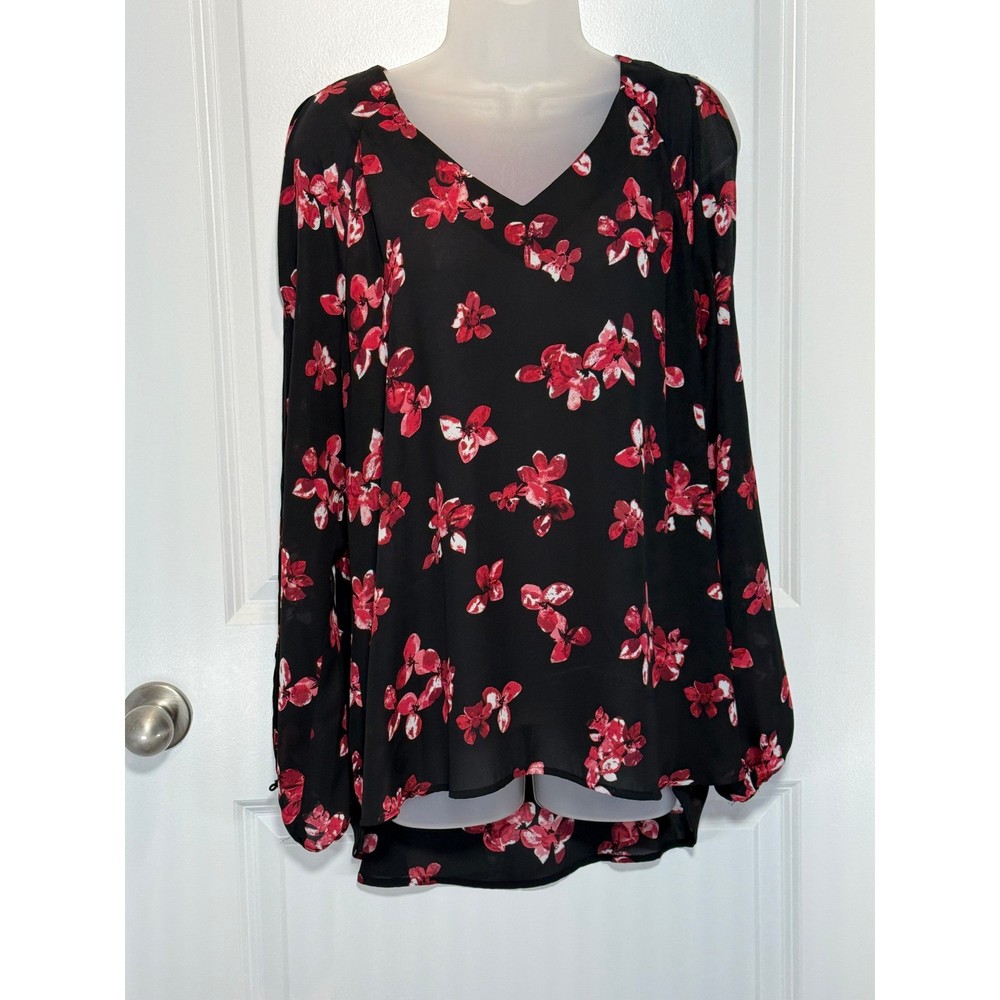 ROZ & ALI Women's XL Black Floral Cold Shoulder Long Sleeve Blouse Top X-Large