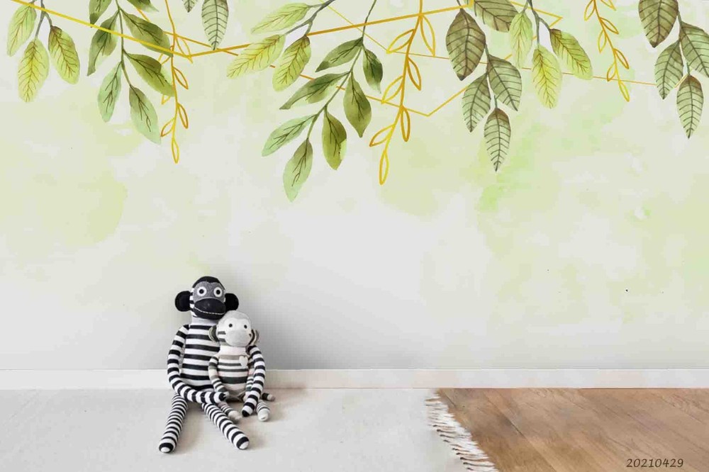 3D Green Gold Plant Leaf Watercolor Wall Murals Wallpaper Murals Wall Sticker