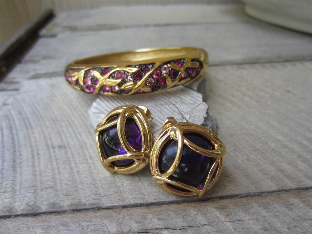 Vintage JOAN RIVERS Pink Crystal Hinged Clamper BRACELET & Purple Earrings Lot