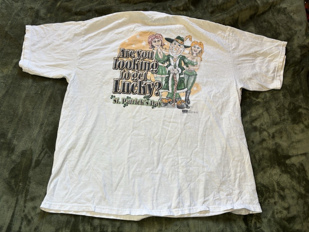 Vintage St Patricks Day Shirt Mens 2XL White Get Lucky Leprechaun Raunchy Funny