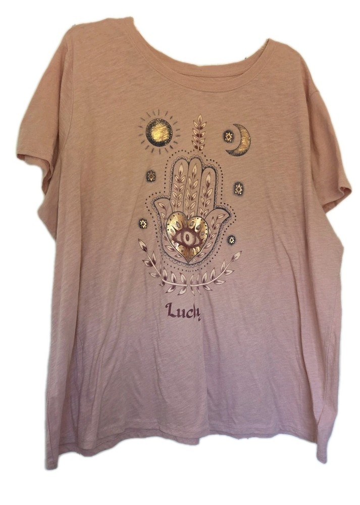 Lucky Brand Women's T-Shirt XXL Short Sleeved Metallic Graphic Hand Pink