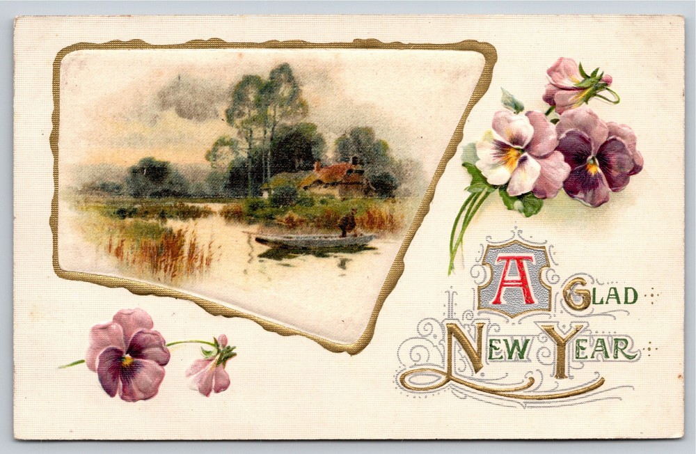 New Year~Purple Flowers Lake Scene & Glad New Year~Winsch Vintage Postcard