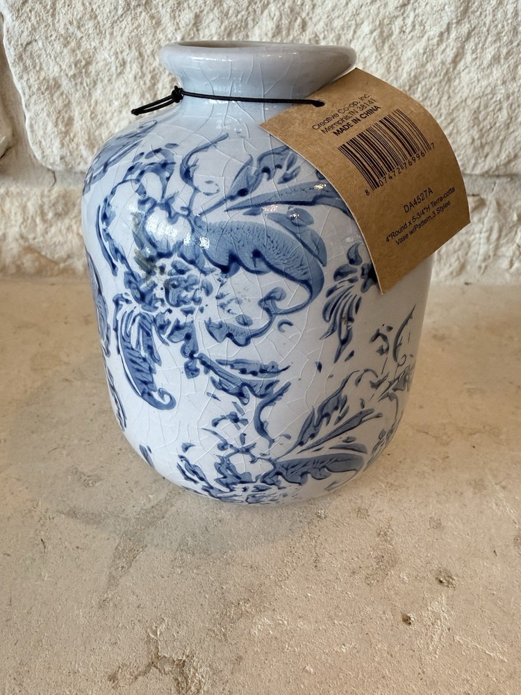 Creative Co-Op Terracotta Bud Vase in Distressed Blue & White Glaze 5.75”