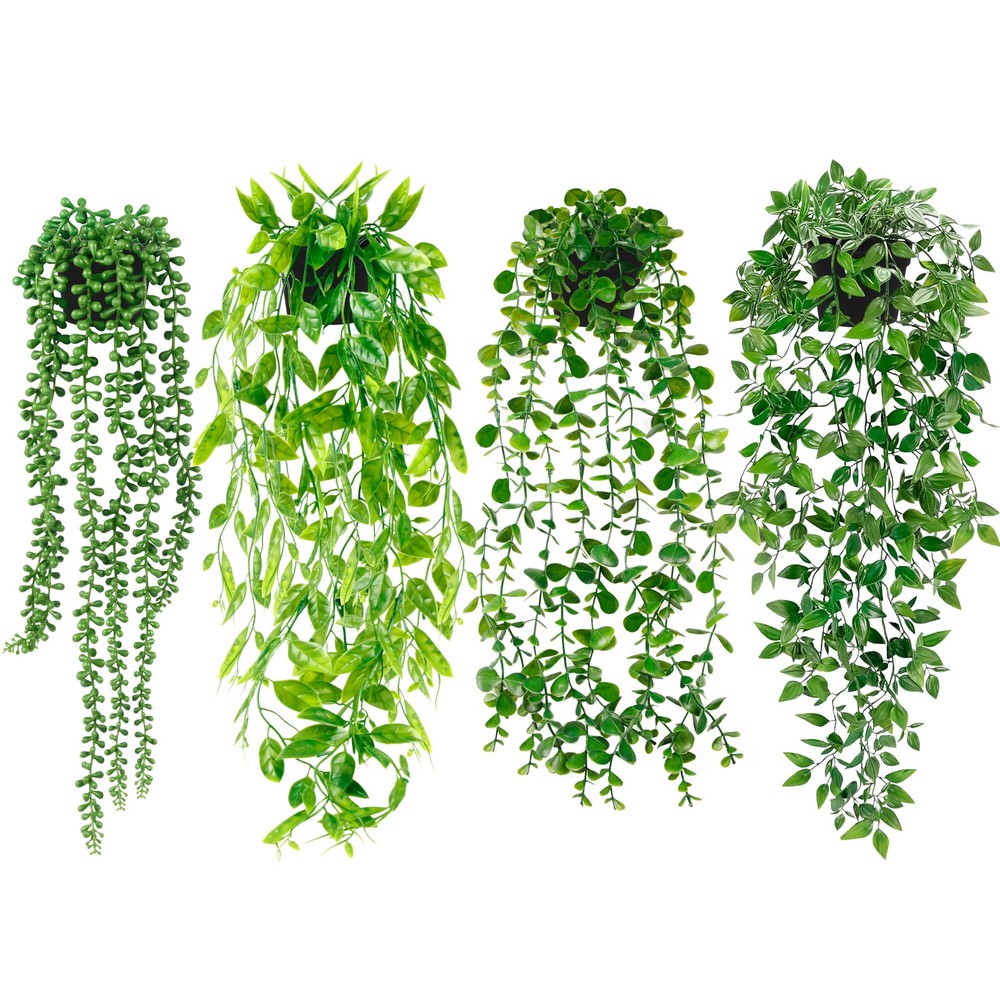4 Pack Artificial Hanging Eucalyptus Plants for Shelf – Fake Potted Greenery Decor