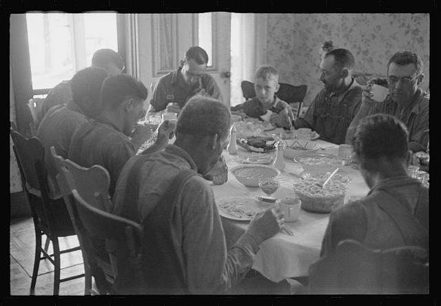 Photo:1940s Men Eating Meal Dining Table Interior Photograph