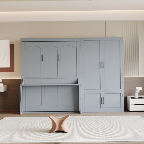 Queen Size Murphy Bed Wall Bed with Closet Wardrobe Wood Hidden Bed Space Saving