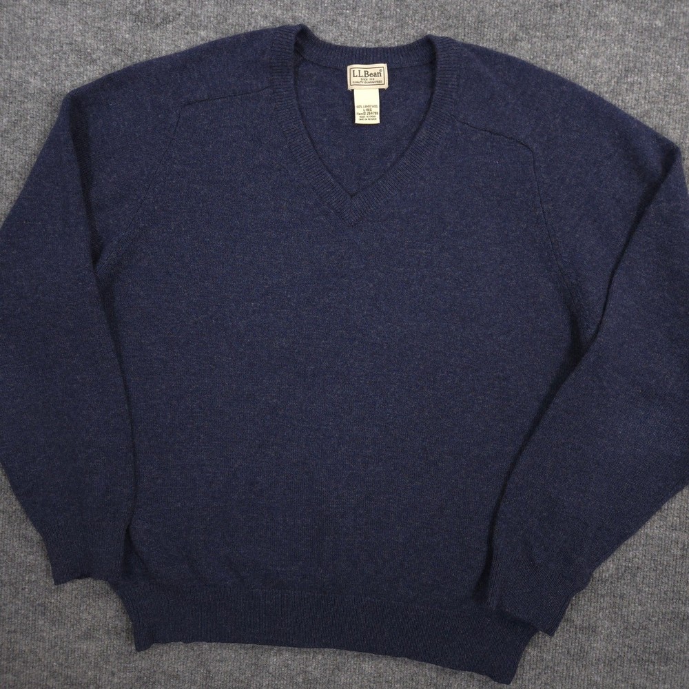 LL Bean Lambswool Sweater Mens Large Navy V Neck Pullover Outdoor Hiking Camping