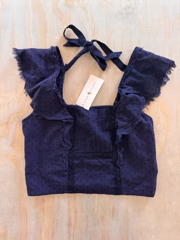 NWT Flutter Sleeve Cropped Top Navy Blue Small Smocked Boho Peasant Ruffle