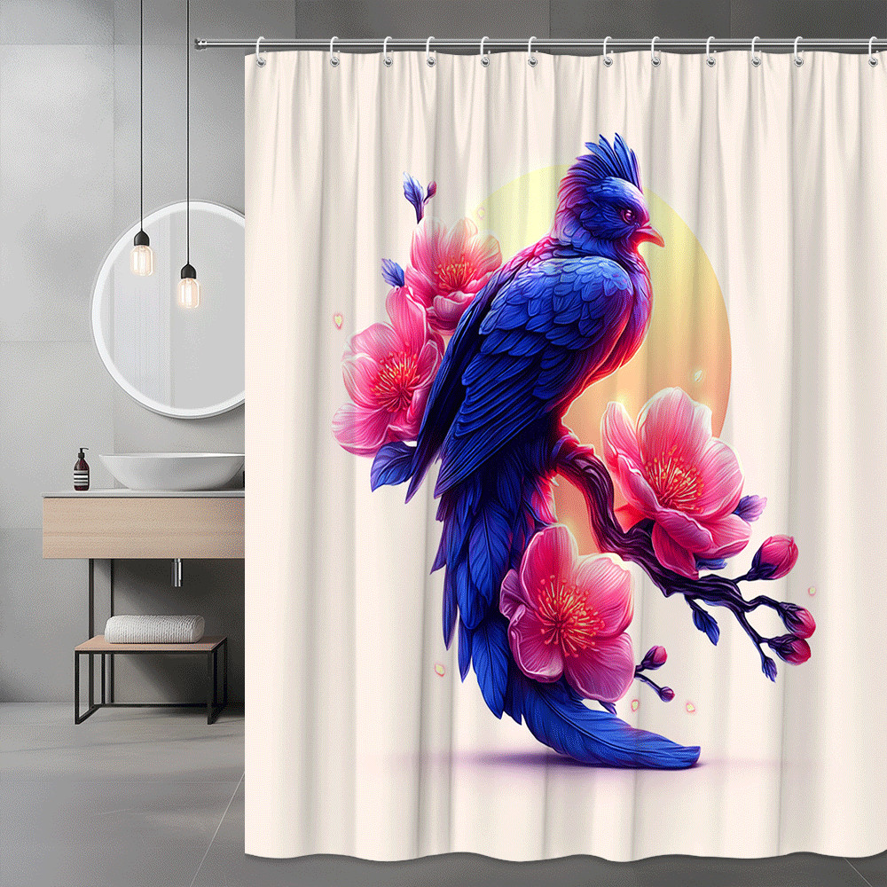 Blue Bird and Pink Floral Shower Curtain Graphic Print