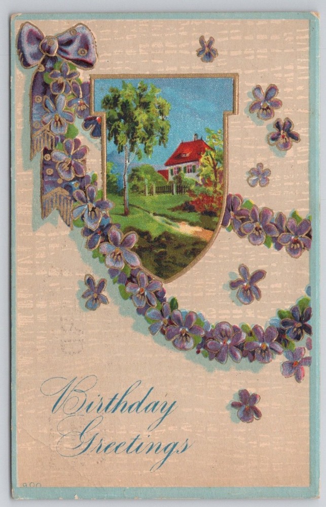 1913 Birthday Greetings Postcard - Embossed Violets & Landscape, Posted PA