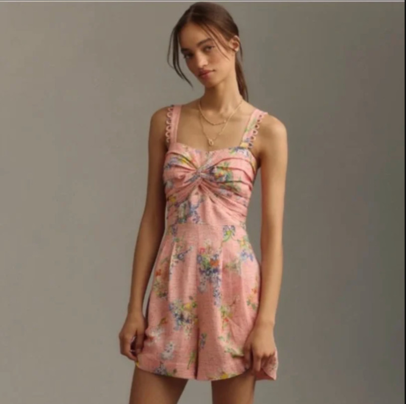 Anthropologie Ranna Gill Romper Womens Large Pink Floral Fruit Scallop Trim NWT
