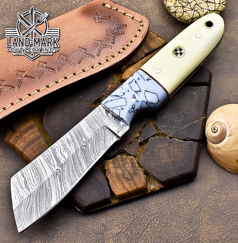 Handmade Damascus Tanto Knife with Camel Bone and Resin Handle