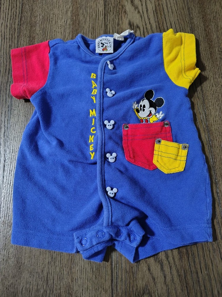 Vtg 90’s Baby Mickey & Co Red/Blue Rare S/Sleeve Romper W/Pockets 6 Months