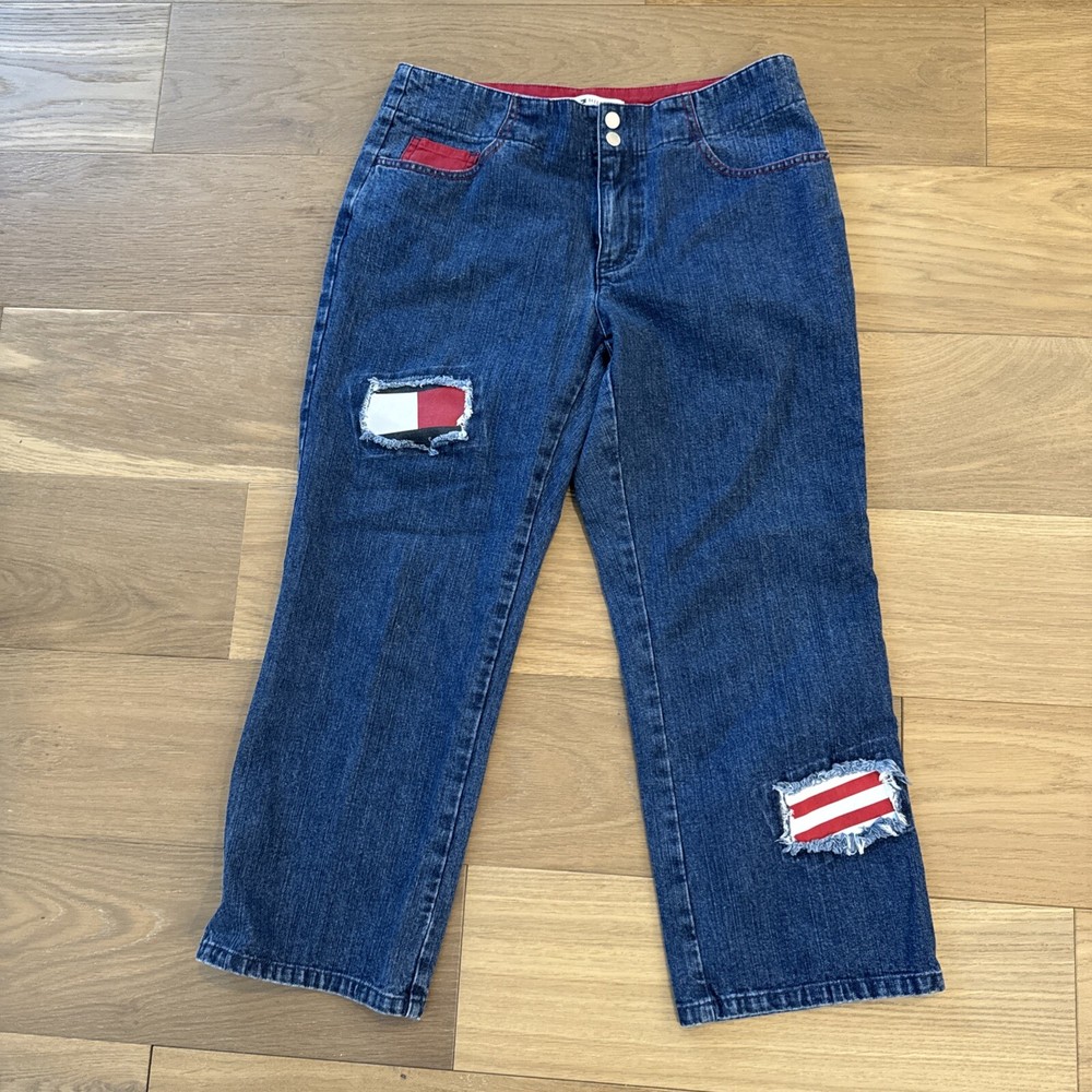 TOMMY HILFIGER Flag Patch Denim Jeans Women's Size 8 Y2K Distressed USA!🇺🇸