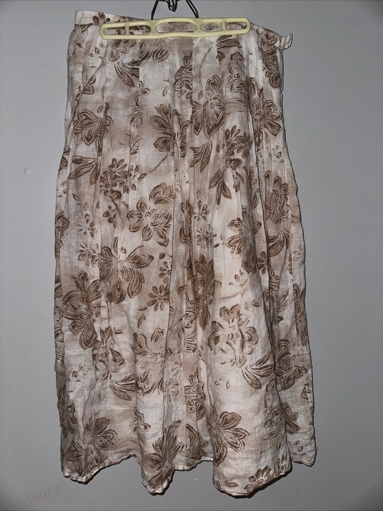 J JILL Cream & Beige Floral Linen Maxi Skirt Size 8 Cotton Lined
