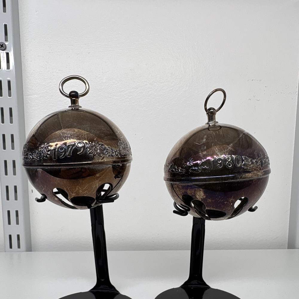 Vintage Wallace Silver Round Ball Christmas Ornaments 1979 & 1980 Set of 2