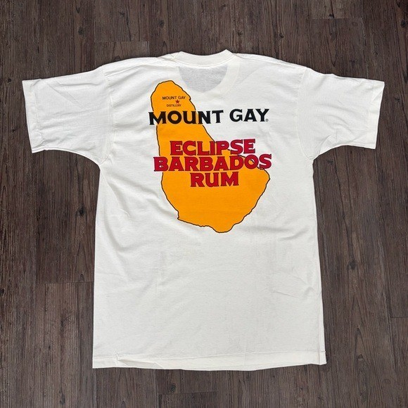 VINTAGE 1990s SINGLE STITCH MOUNT GAY BARBADOS RUM T-SHIRT WHITE MEN’S XL