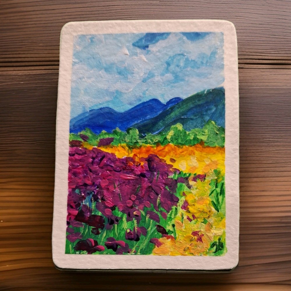ACEO Original Acrylic Painting Art Card BLUE MOUNTAIN AND FLOWERS Hand Painted