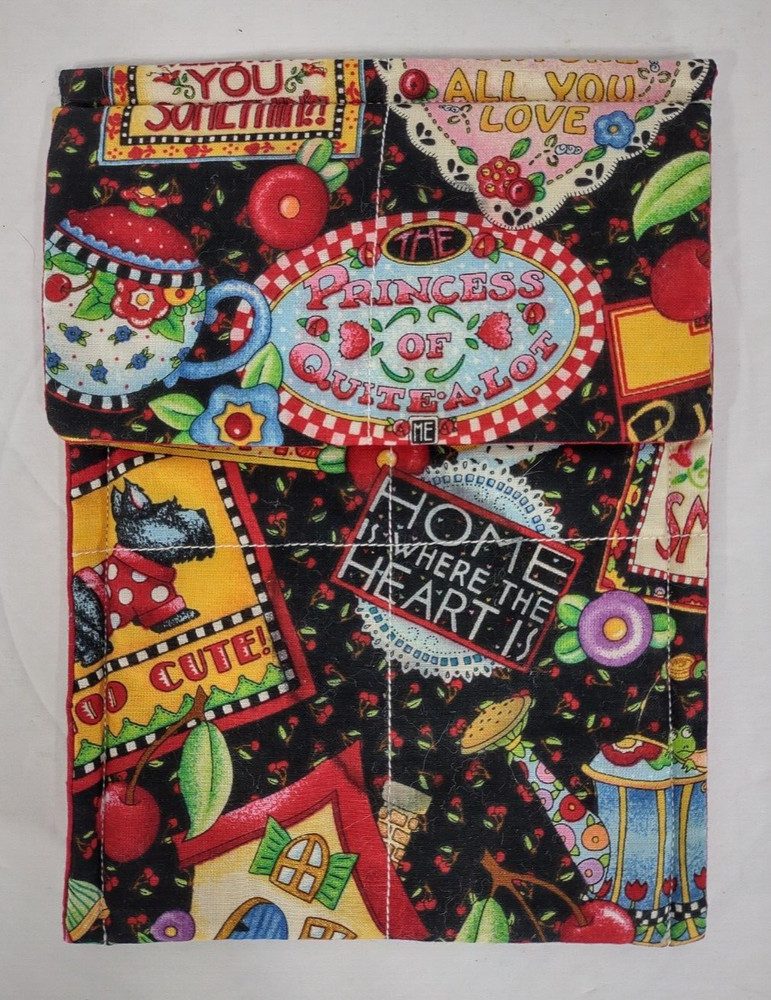 Mary Engelbreit black colorful graphic print handmade quilted purse pouch