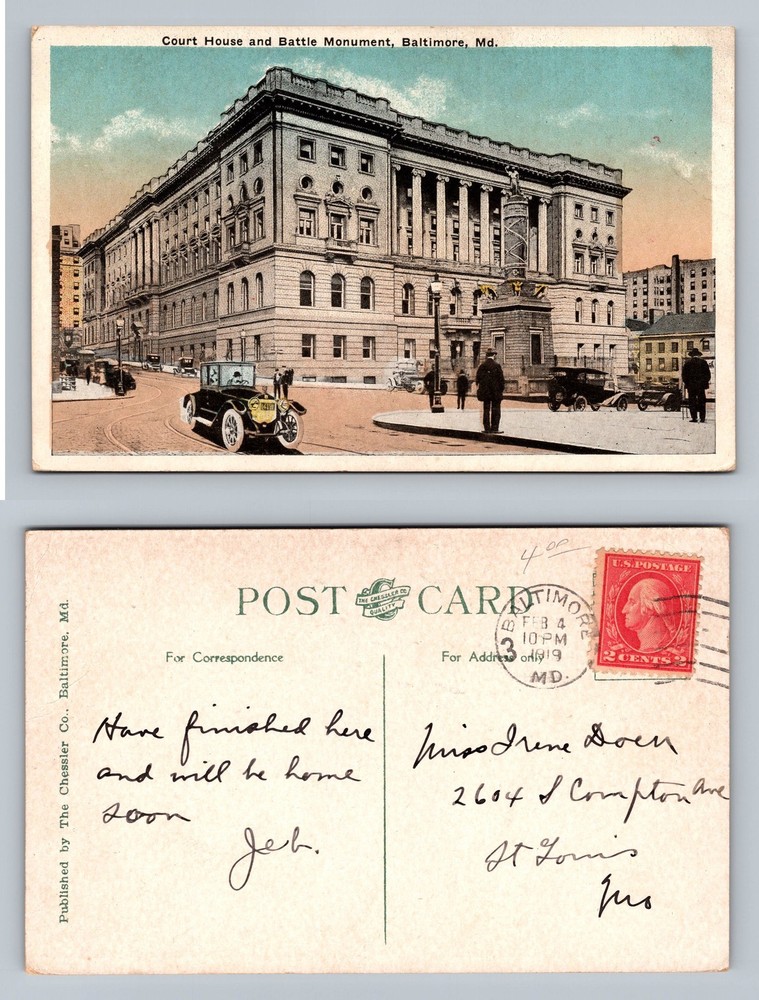 Baltimore, MD-Maryland, Court House Battle Monument c1919 Vintage Postcard
