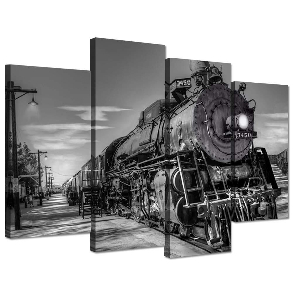 iHAPPYWALL 4 Panel Train Canvas Wall Art Vintage Black and White Steam Train ...