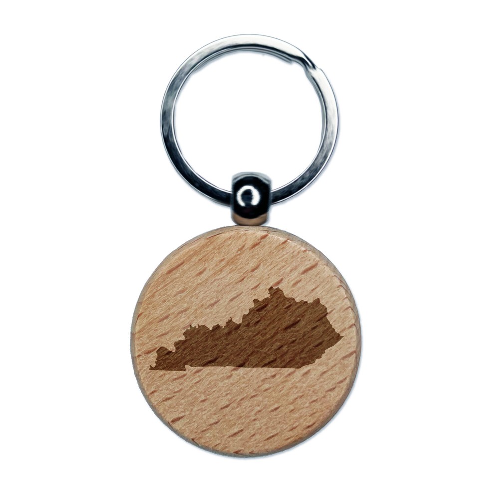 Kentucky State Silhouette Engraved Wood Round Keychain Tag Charm