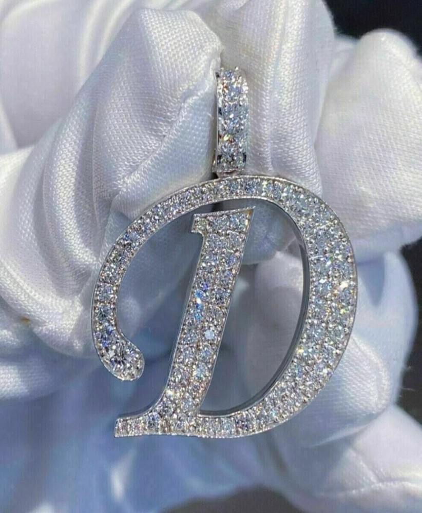 2CT Round Lab Diamond D Initial Pendant in 14K White Gold Plated Silver