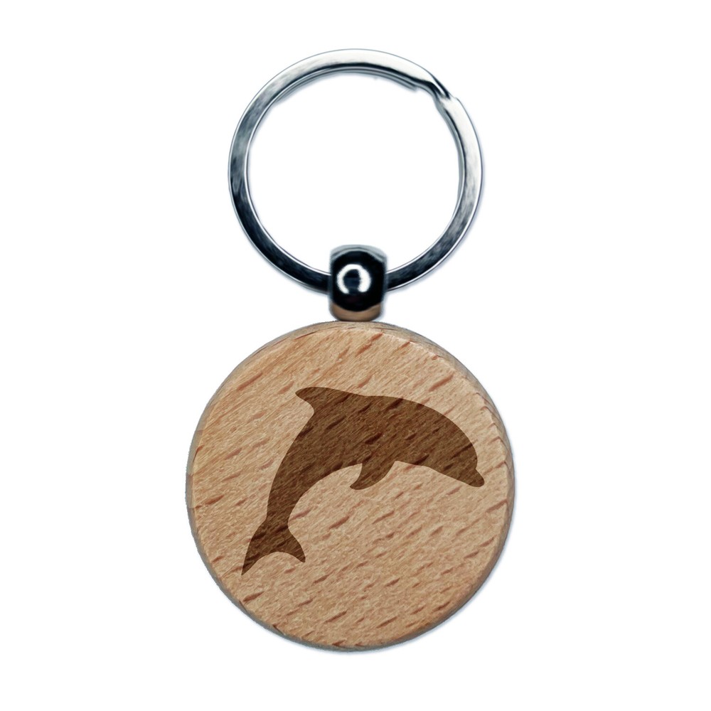 Dolphin Solid Engraved Wood Round Keychain Tag Charm