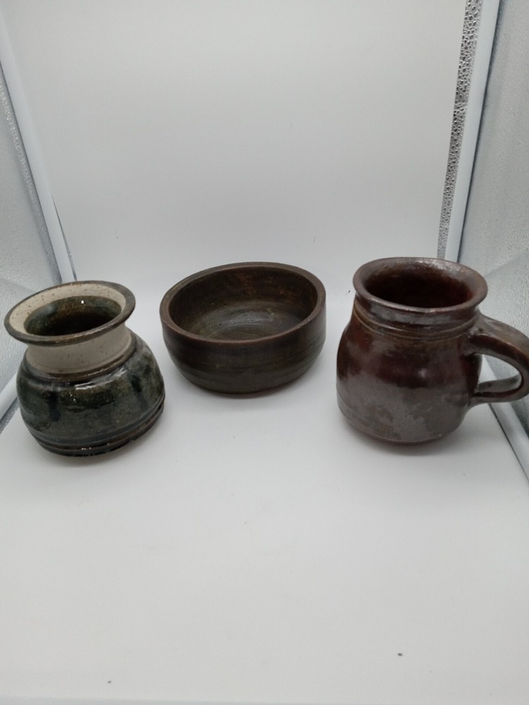 3 Pieces Studio Art Pottery Bowl Vase Cup 2 Signed HL 2-5 In Tall Earth Tones