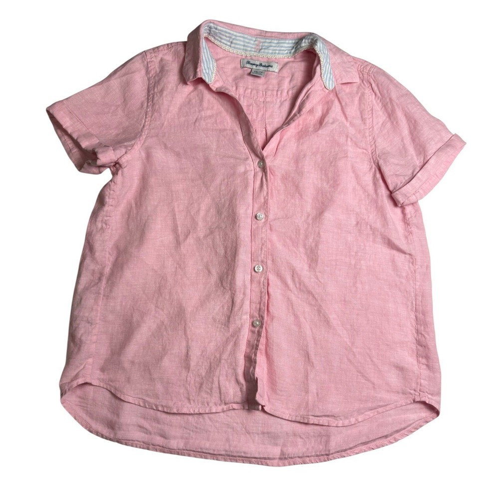 Tommy Bahama Womens Pink 100% Linen Short Sleeve Button Down Shirt XS