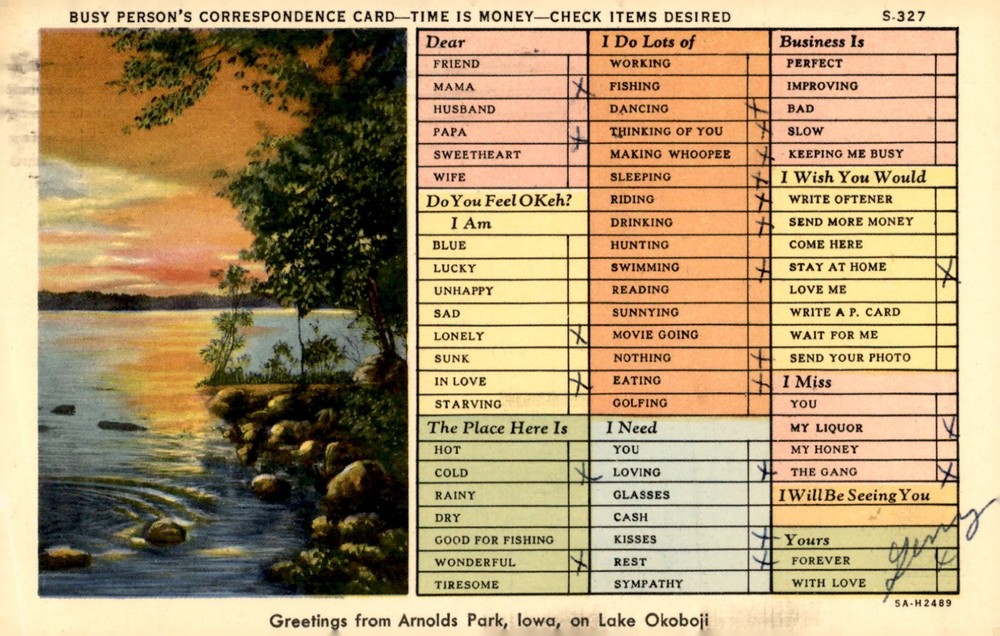 Arnolds Park, Iowa, Lake Okoboji, Busy Person's Correspondence Card, Postcard