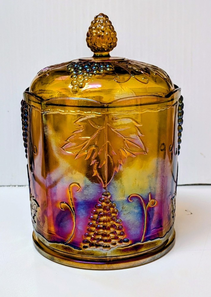 Indiana Carnival Glass Harvest Grape Canister Jar Iridescent Amber Rare Size  9