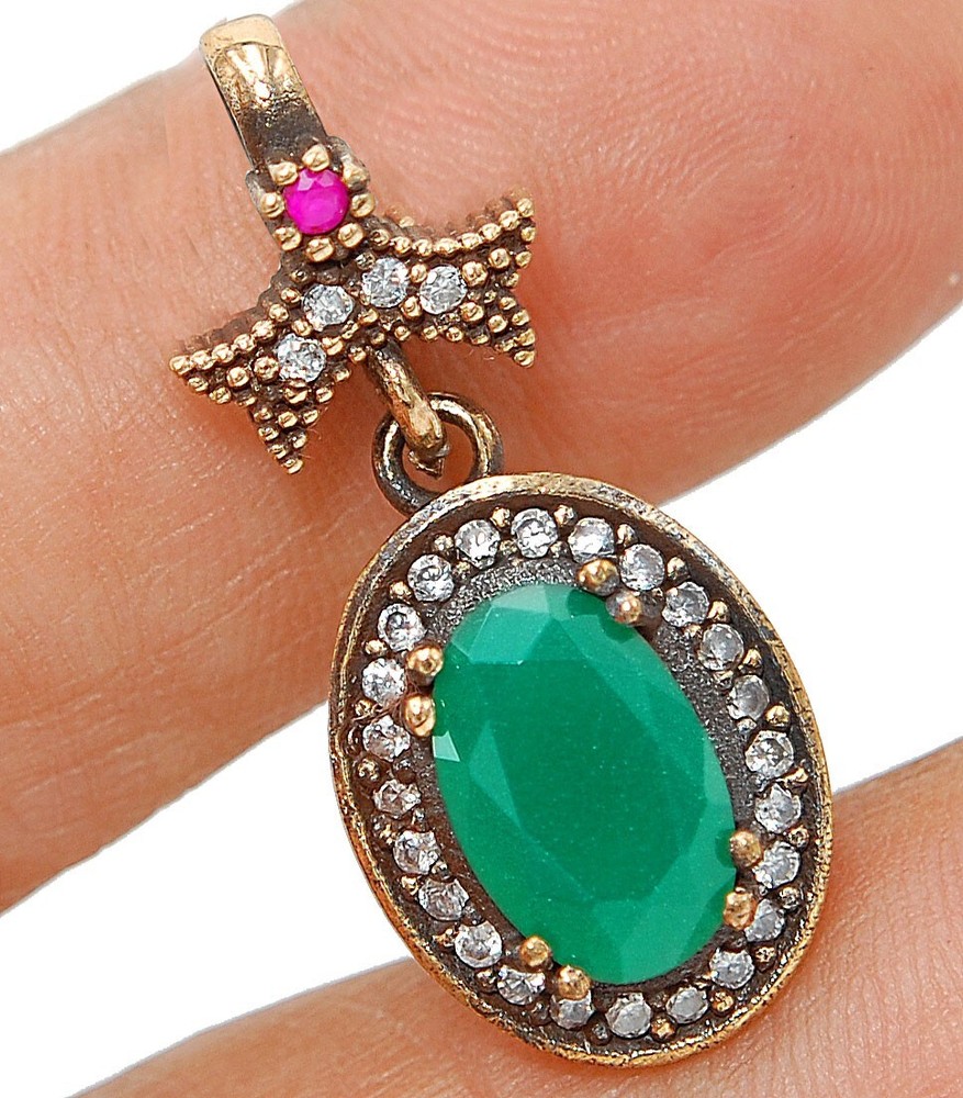 Ottoman Empire Style 3CT Treated Emerald 925 Sterling Silver Pendant TC5