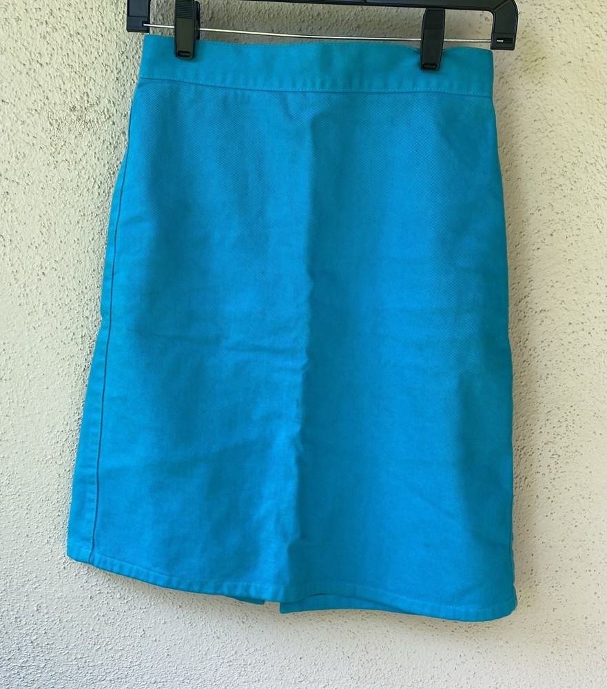 Vintage Bongo Blue Cotton Twill Pencil Knee Skirt Zip Button Juniors Size 7