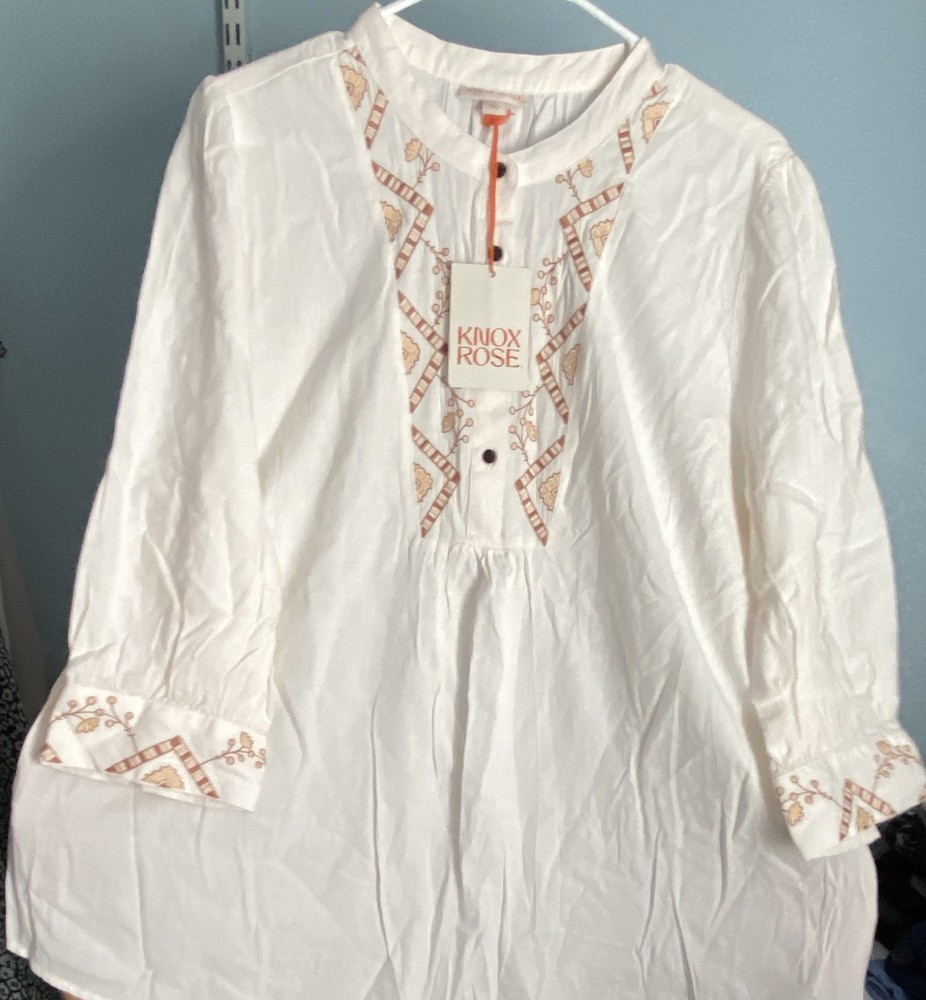 Knox Rose White Floral Embroidered 3/4 Sleeve Tunic Blouse XXL Cotton Rayon