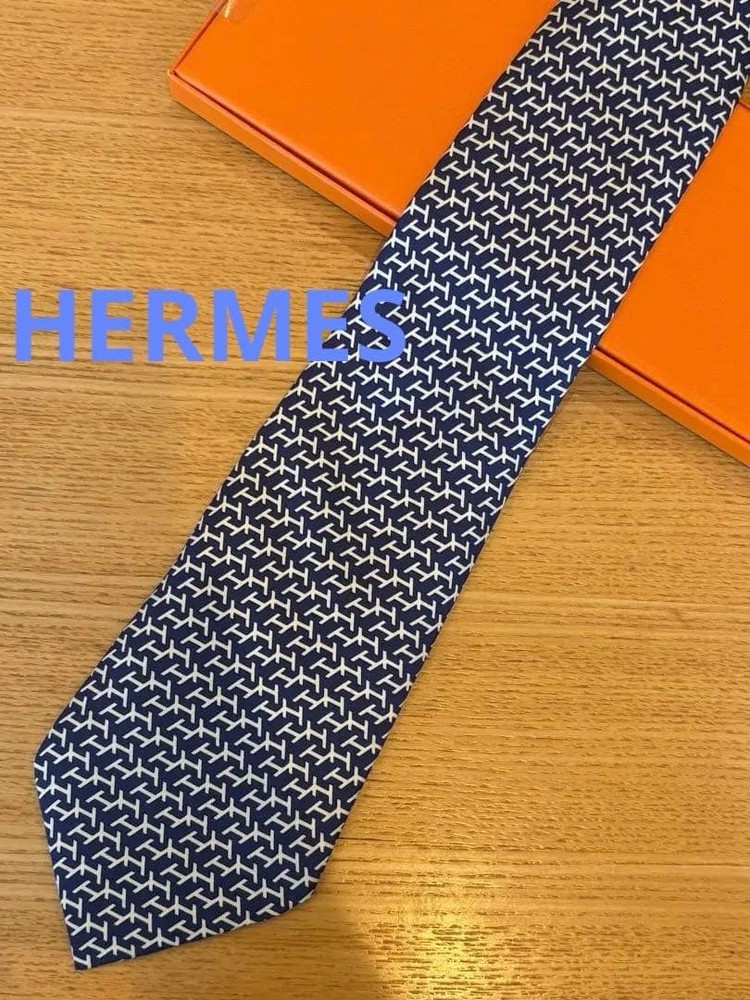 HERMES Necktie Tie Navy 100% Silk All over H Logo pattern Made in France Men's