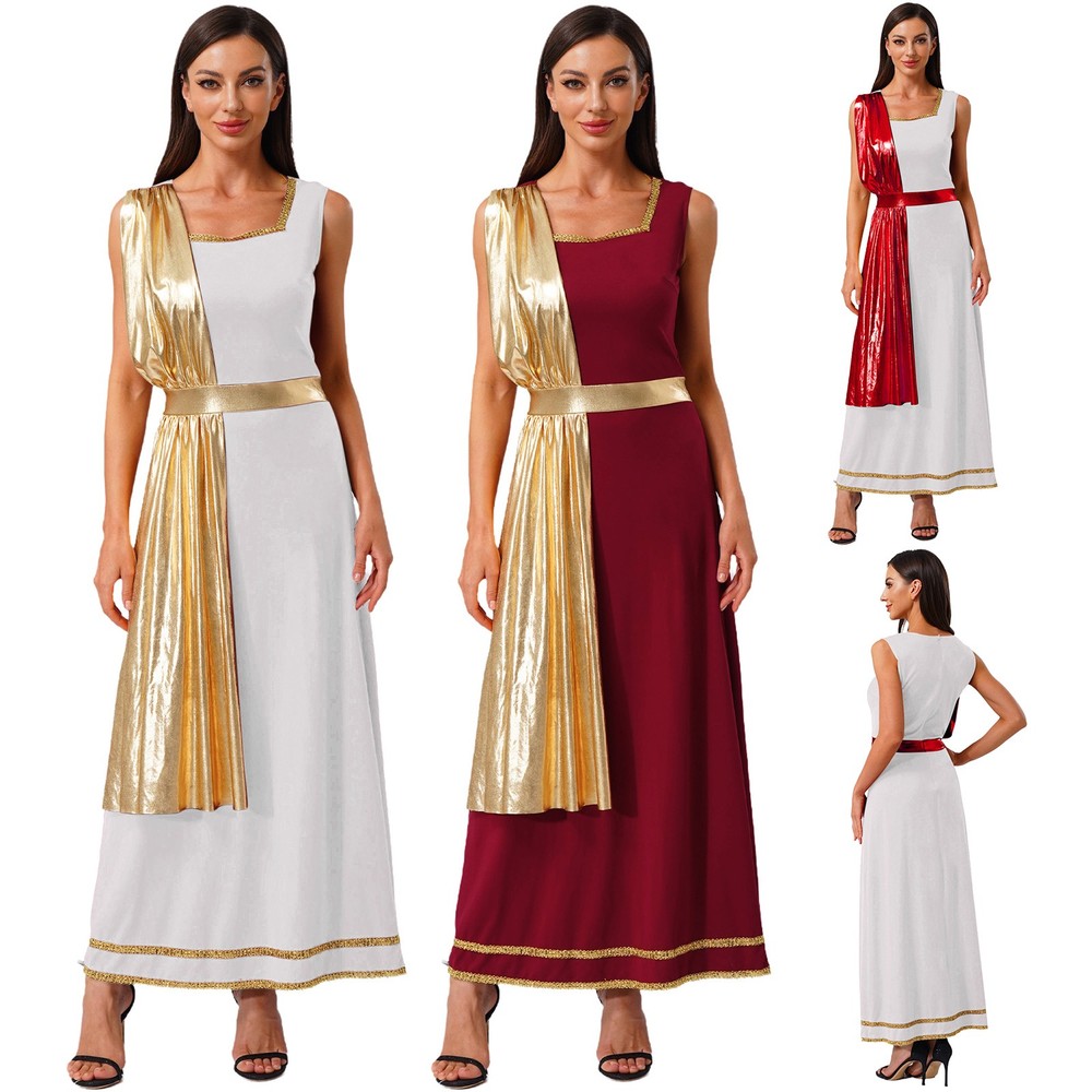 US~ Women Ancient Roman Greek Robe Toga Costume Dress Up Gold Trim Tunic Dress