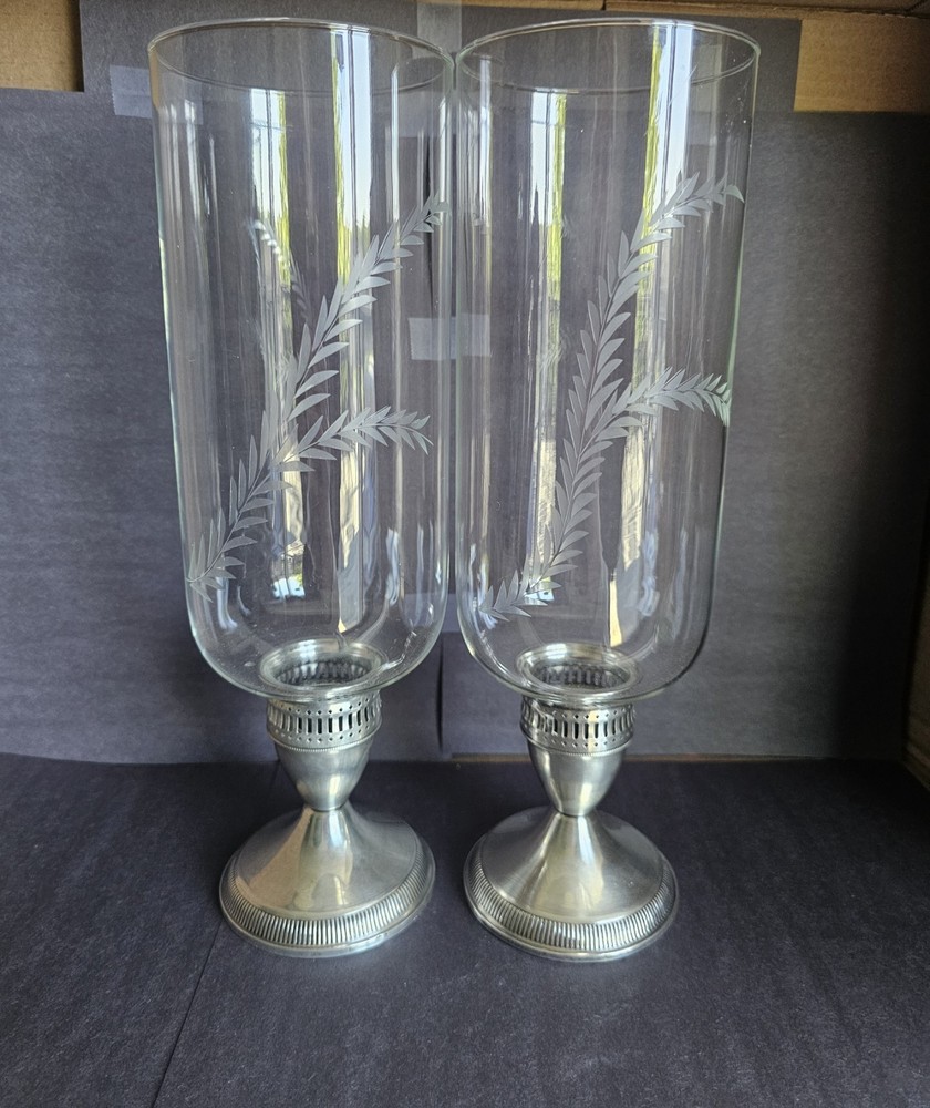 Mid Century Sterling Silver Duchin Candle Holders With Hurricane Globes - a Pair