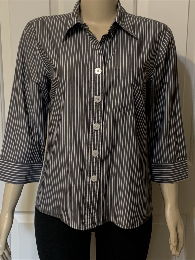 Christopher & Banks Shirt Button Down Front Women’s Sz Medium Grey Striped (mc)