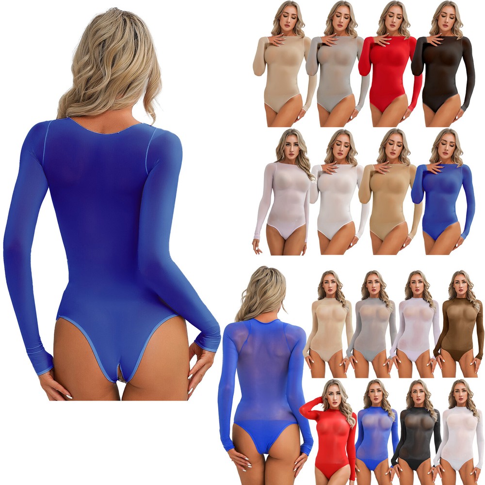 US~ Women Sheer Mesh Bodysuit See Through Long Sleeve High Cut Thong Clubwear