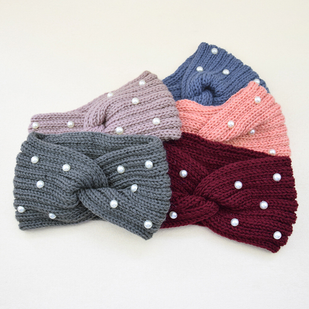 Soft Warm Pearl-Decorated Ear Warmer Turban Headwrap 1PCS
