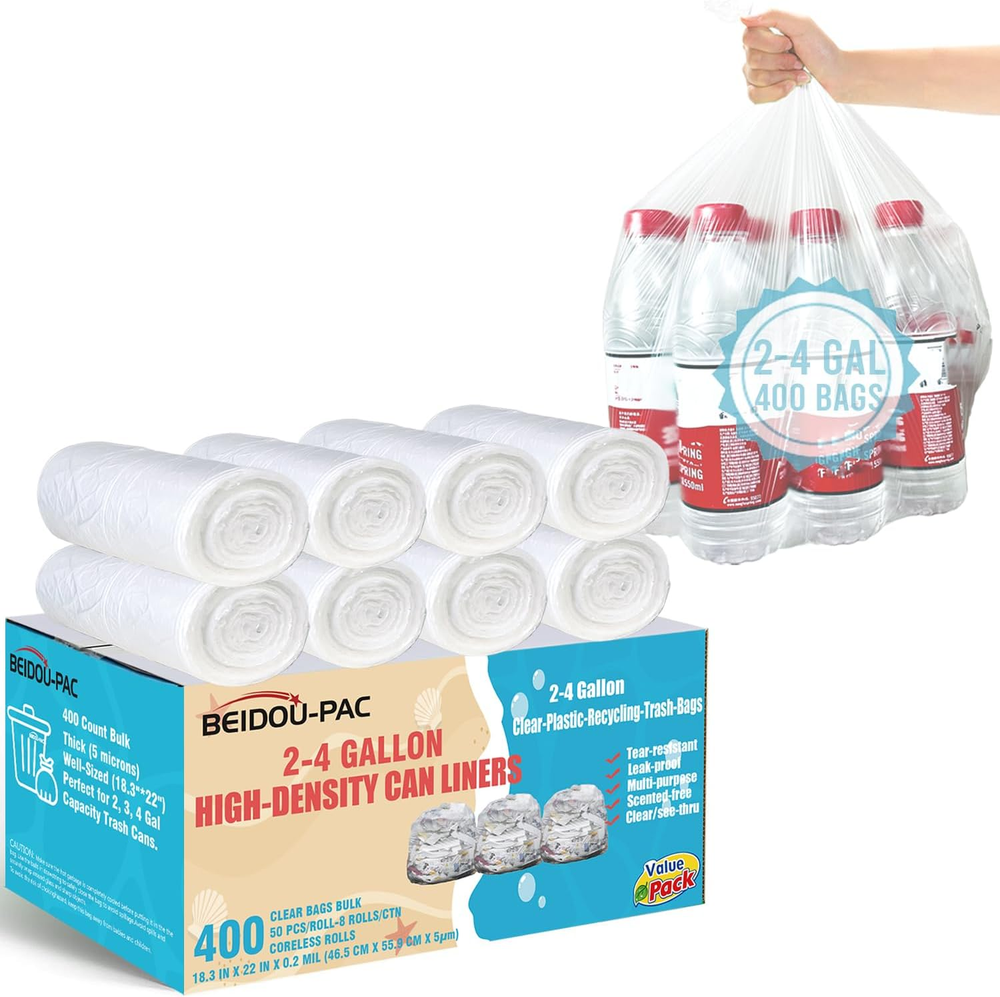 2-4 Gallon Trash Bags, 400 Count Bulk, Clear Plastic Recycling Bags, Small Multi